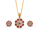 Gold-Plated Ruby & White Stone Floral Pendant Set